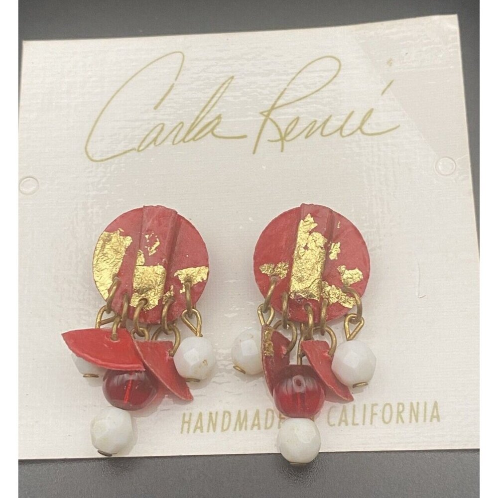 NWT Vintage Earrings Carla Renee Handmade in California Dangle Pierced Red White - Picture 2 of 5
